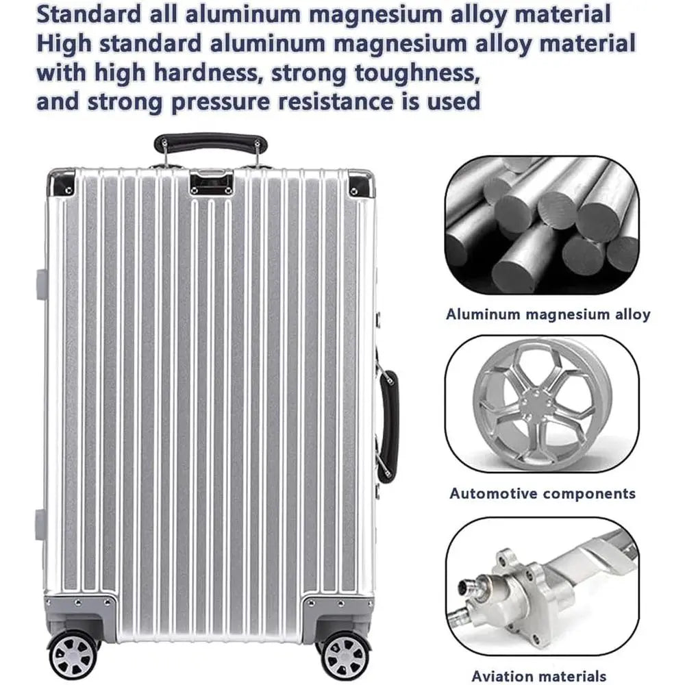 Large Silver Aluminum Cabin Luggage with Spinner Wheels and TSA Lock, 42.9 inches