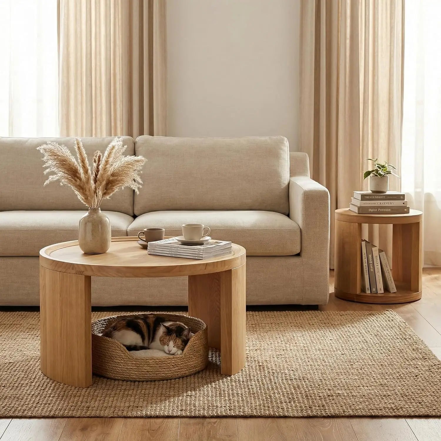 Round Nesting Coffee Table Set of 2, Brown Coffee Table, 31.5" Large & 18" Small Low Tables with Wood Top, Center, Customized