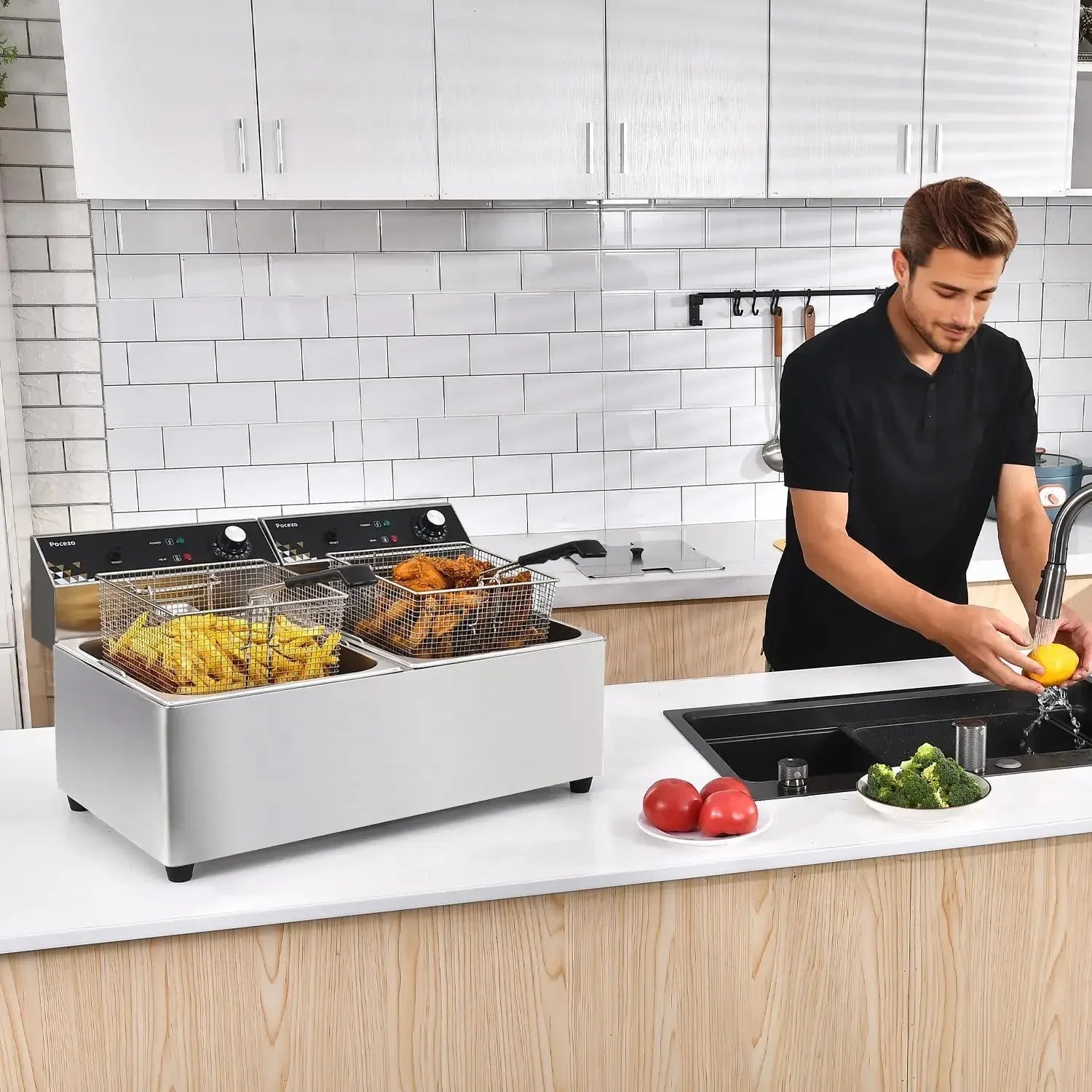 Deep Fryer with Basket, 3400w 19.7Qt Oil Tank/ 8.9Qt Basket x 2, 0.6mm Thickened Stainless Steel Countertop Electric