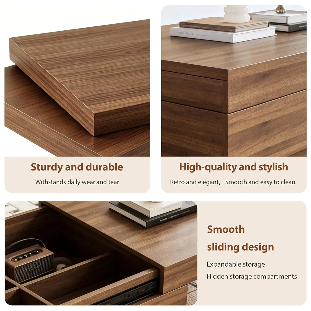 Mid-Century Expandable Lift-Top Coffee Table Hidden Storage Walnut Wood Living Room 47-82", Customized
