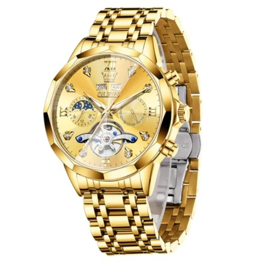 OLEVS Men Automatic Business Luxury Diamond Self Winding Watch for Men Stainless Steel Calendar Wrist Watch