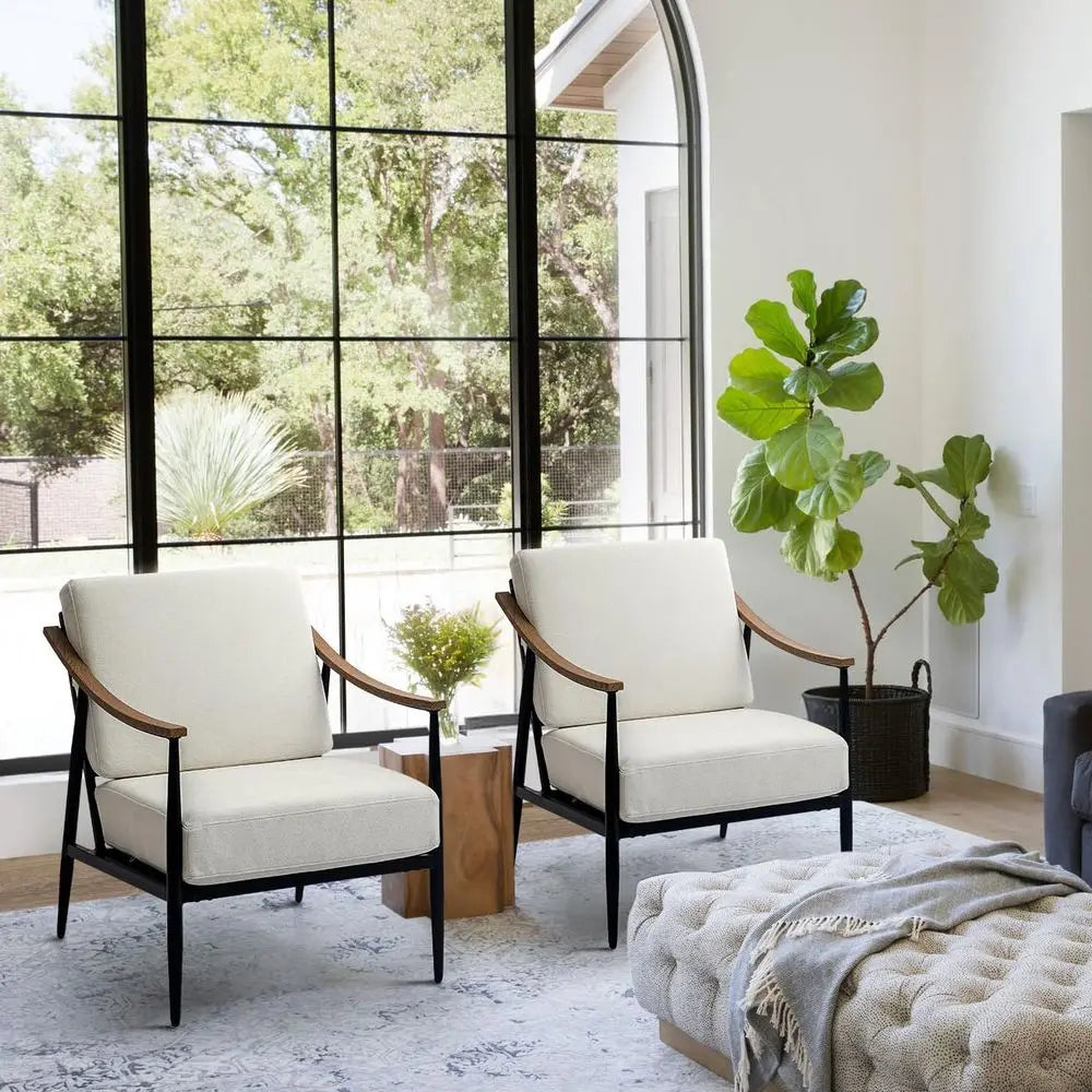 Pair of Modern Upholstered Accent Chairs for Living Room or Bedroom, Cream White