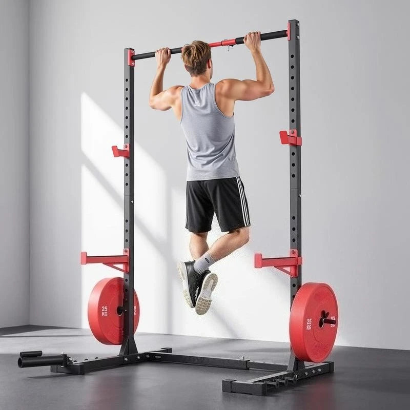 Power Cage Rack, Multifunctional Squat Rack for Home Gym, Width-Adjustable Workout Strength Training Equipment with 6 Band Pegs, Landmine Attachment & Safety Bars for Bench Press Squats Pull-Up