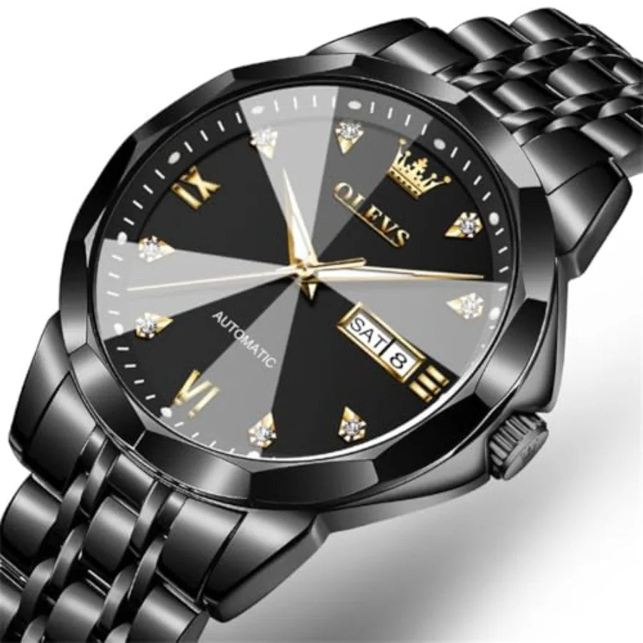 OLEVS Men Automatic Business Luxury Diamond Self Winding Watch for Men Stainless Steel Calendar Wrist Watch