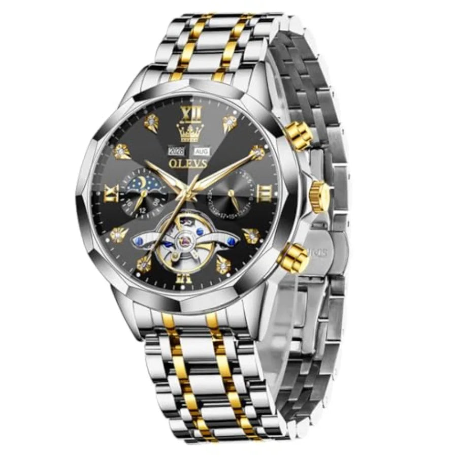 OLEVS Men Automatic Business Luxury Diamond Self Winding Watch for Men Stainless Steel Calendar Wrist Watch