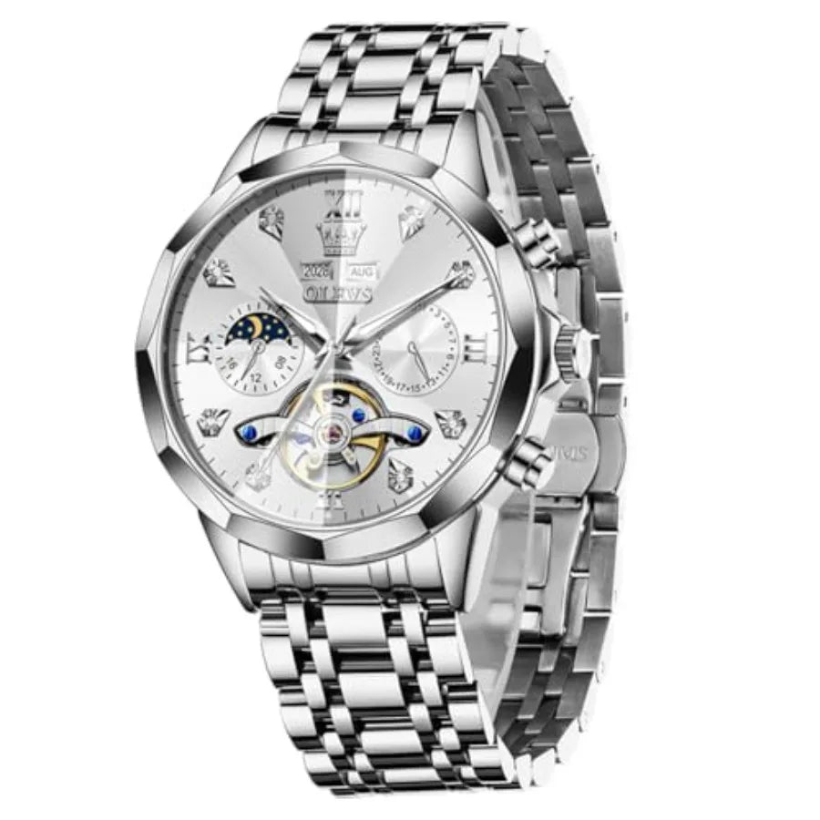 OLEVS Men Automatic Business Luxury Diamond Self Winding Watch for Men Stainless Steel Calendar Wrist Watch