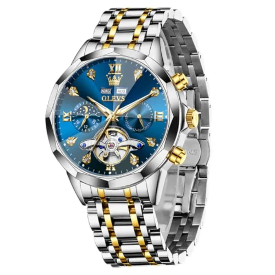 OLEVS Men Automatic Business Luxury Diamond Self Winding Watch for Men Stainless Steel Calendar Wrist Watch