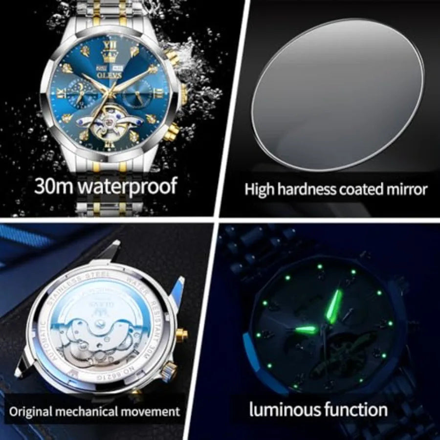 OLEVS Men Automatic Business Luxury Diamond Self Winding Watch for Men Stainless Steel Calendar Wrist Watch