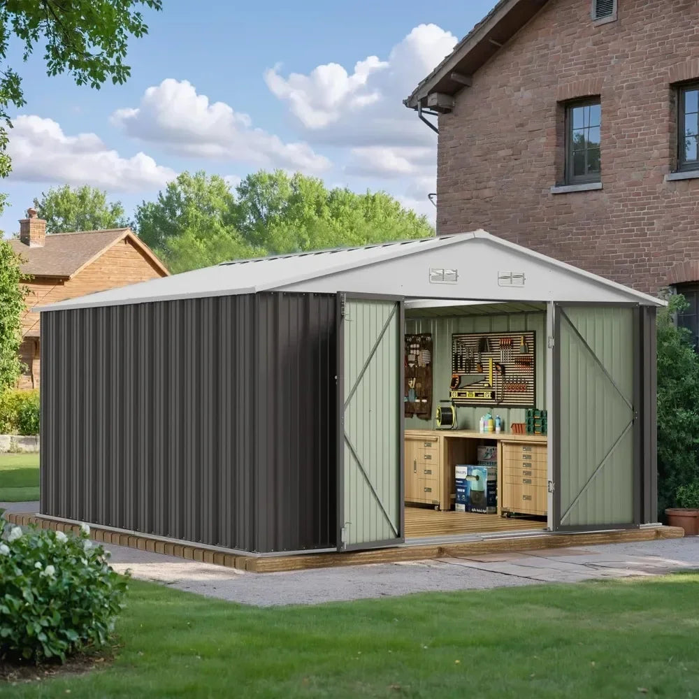 10 x 10 FT Outdoor Storage Shed, Large Metal Garden Shed & Tool Sheds for Backyard Garden Patio Lawn (Grey)