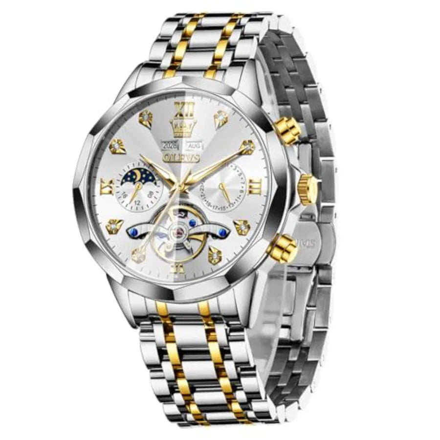 OLEVS Men Automatic Business Luxury Diamond Self Winding Watch for Men Stainless Steel Calendar Wrist Watch