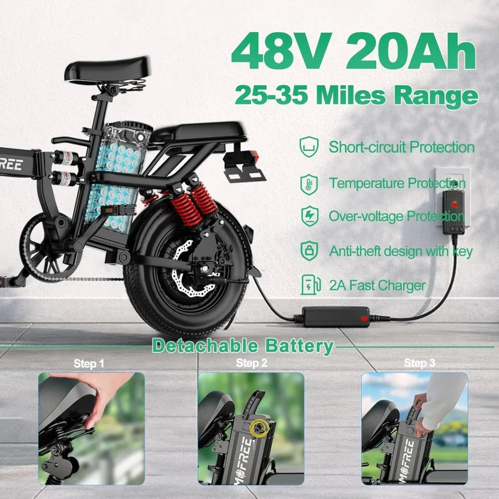 Tomofree Folding Electric Bike for Adults 20-24MPH Peak 750W EBike, 48V 20AH Removable Battery for Electric, Customized