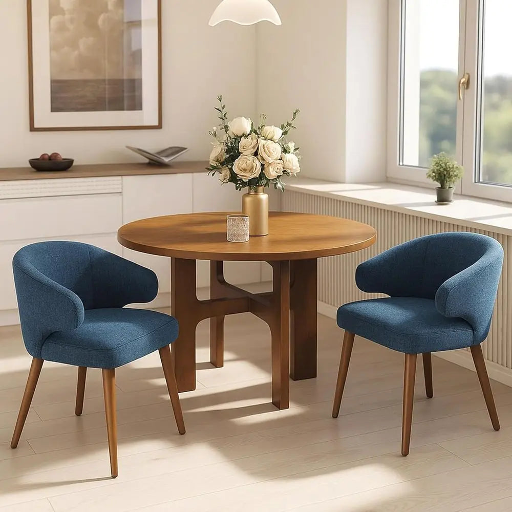 Upholstered Wingback Dining Chairs Set of 2, Navy Blue Linen Accent Chairs with Solid Wood Legs