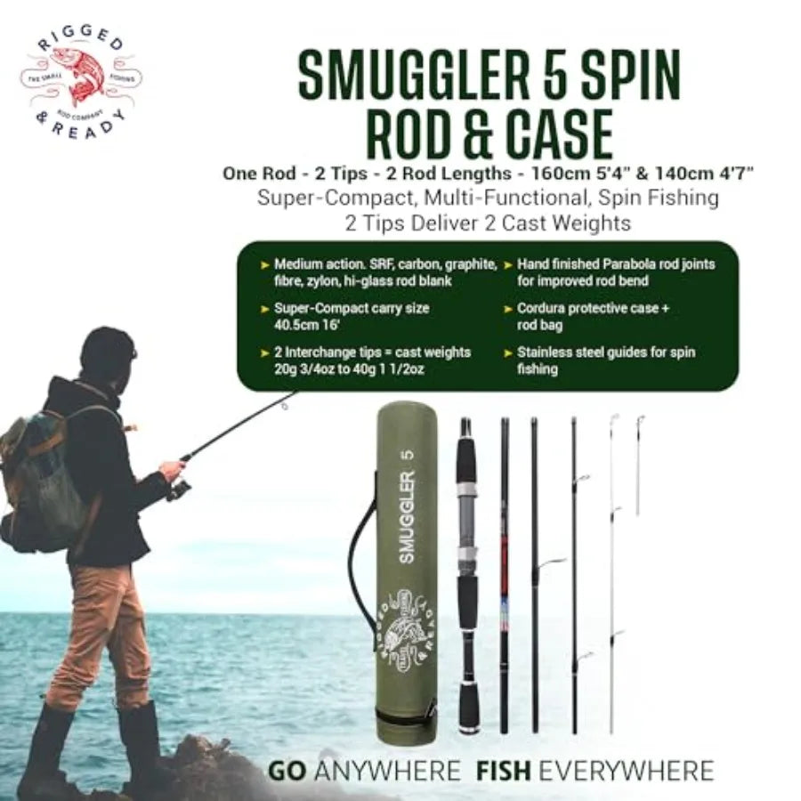 Rigged and Ready Smuggler Series™ Travel Fishing Rods. Super Compact, 1 Spinning Rod and Reel Combo, 4 Spin, 1 Casting Rod + Ca