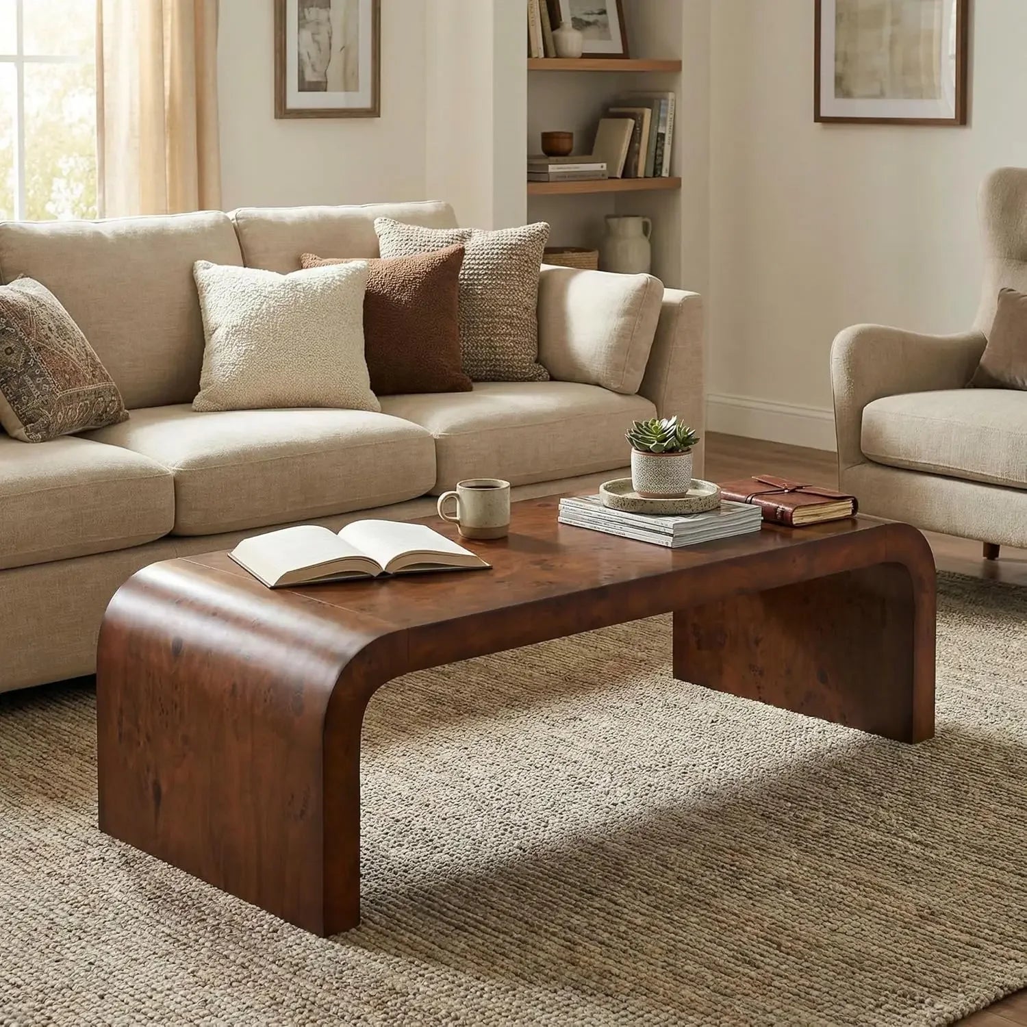 Burl Veneer Walnut Wood Coffee Table Mdf Center Table For Living Room With Curved Edges