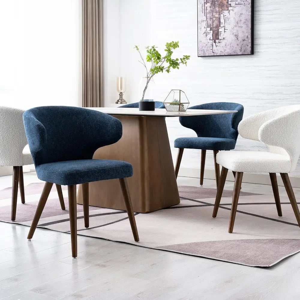Upholstered Wingback Dining Chairs Set of 2, Navy Blue Linen Accent Chairs with Solid Wood Legs