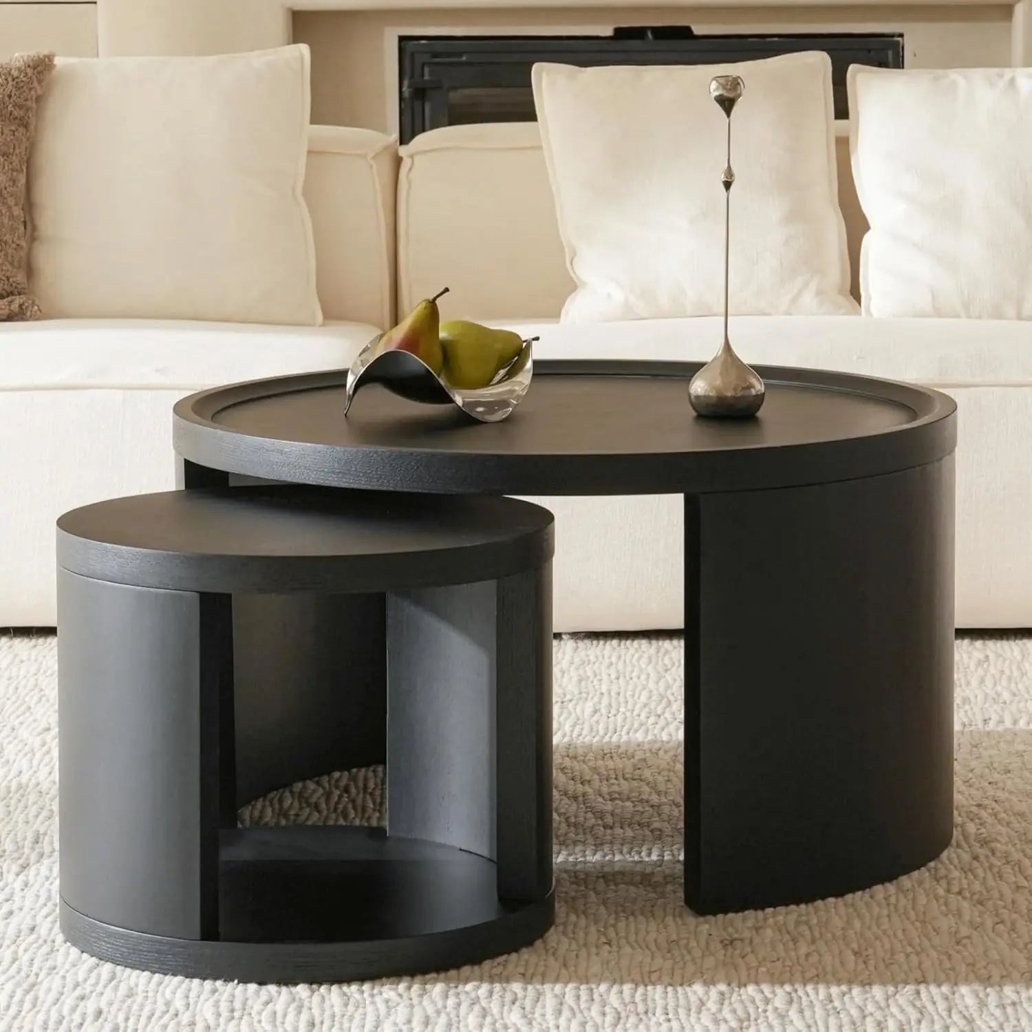 Round Nesting Coffee Table Set of 2, Brown Coffee Table, 31.5" Large & 18" Small Low Tables with Wood Top, Center, Customized