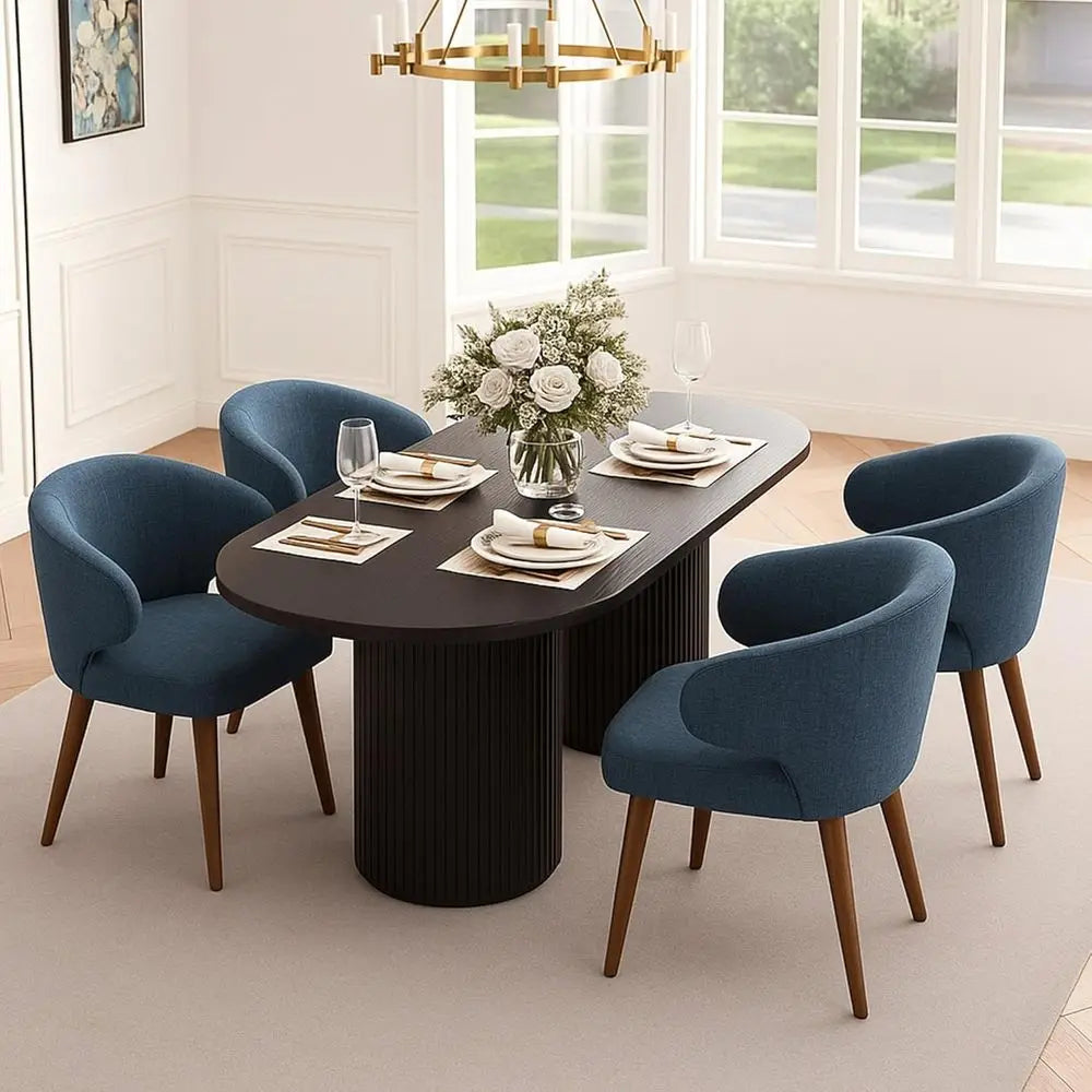 Upholstered Wingback Dining Chairs Set of 2, Navy Blue Linen Accent Chairs with Solid Wood Legs