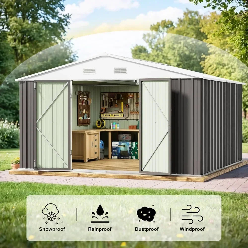 10 x 10 FT Outdoor Storage Shed, Large Metal Garden Shed & Tool Sheds for Backyard Garden Patio Lawn (Grey)