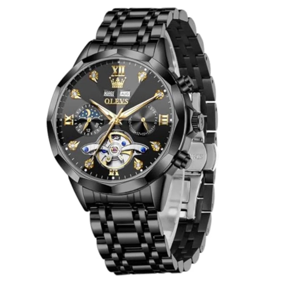 OLEVS Men Automatic Business Luxury Diamond Self Winding Watch for Men Stainless Steel Calendar Wrist Watch