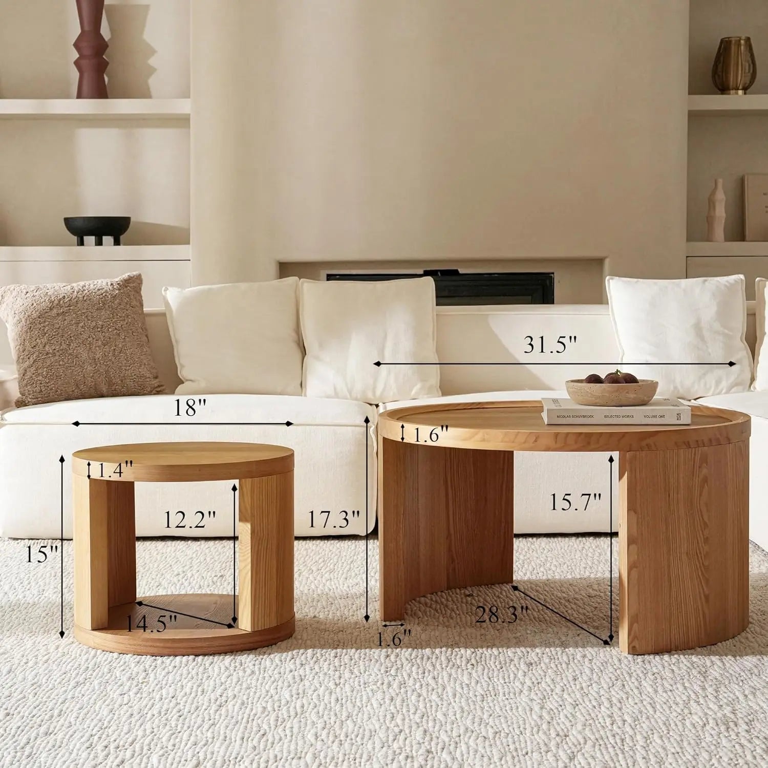 Round Nesting Coffee Table Set of 2, Brown Coffee Table, 31.5" Large & 18" Small Low Tables with Wood Top, Center, Customized