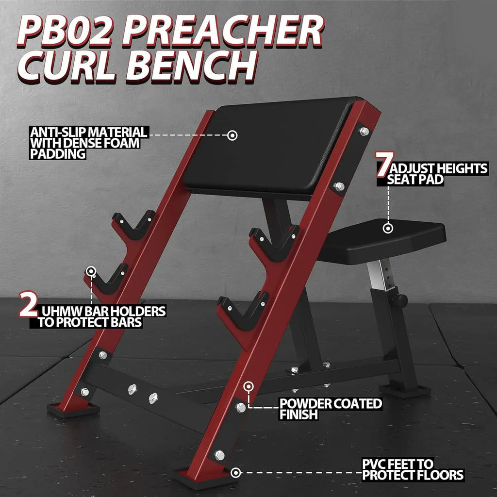 Preacher Curl Bench for Home Gym, Seated Arm Isolation with 2 Bar Holders, Adjustable Seat & Pad, Heavy Duty 400 lbs Capacity