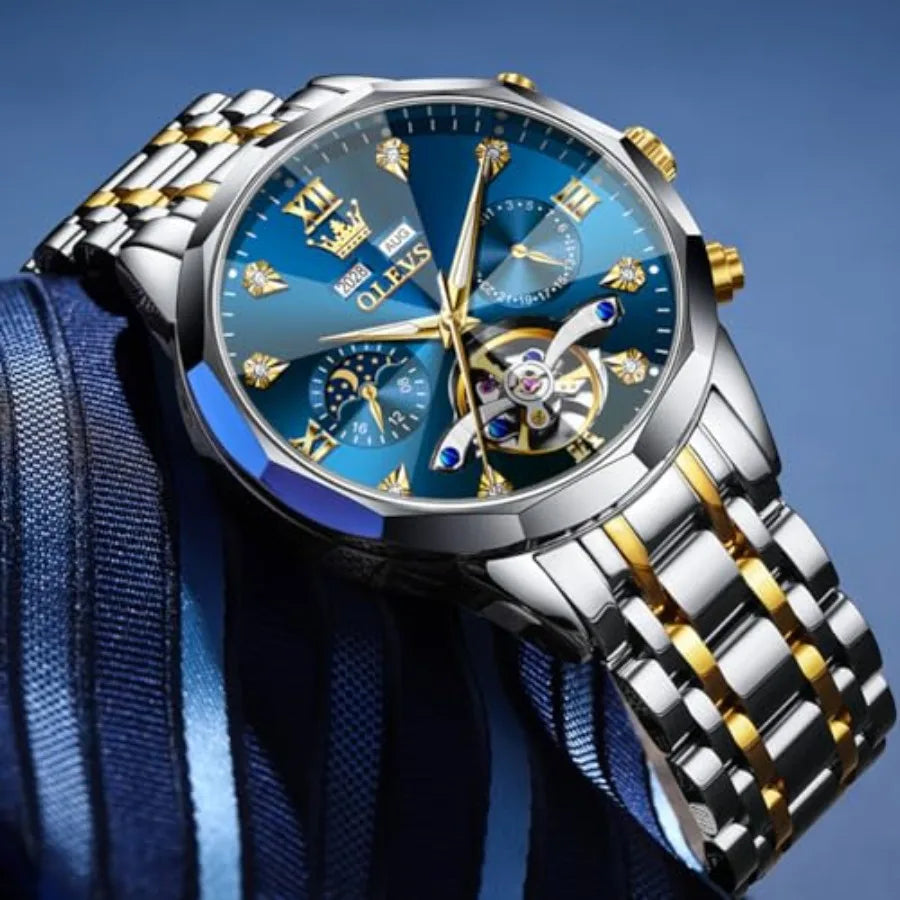 OLEVS Men Automatic Business Luxury Diamond Self Winding Watch for Men Stainless Steel Calendar Wrist Watch