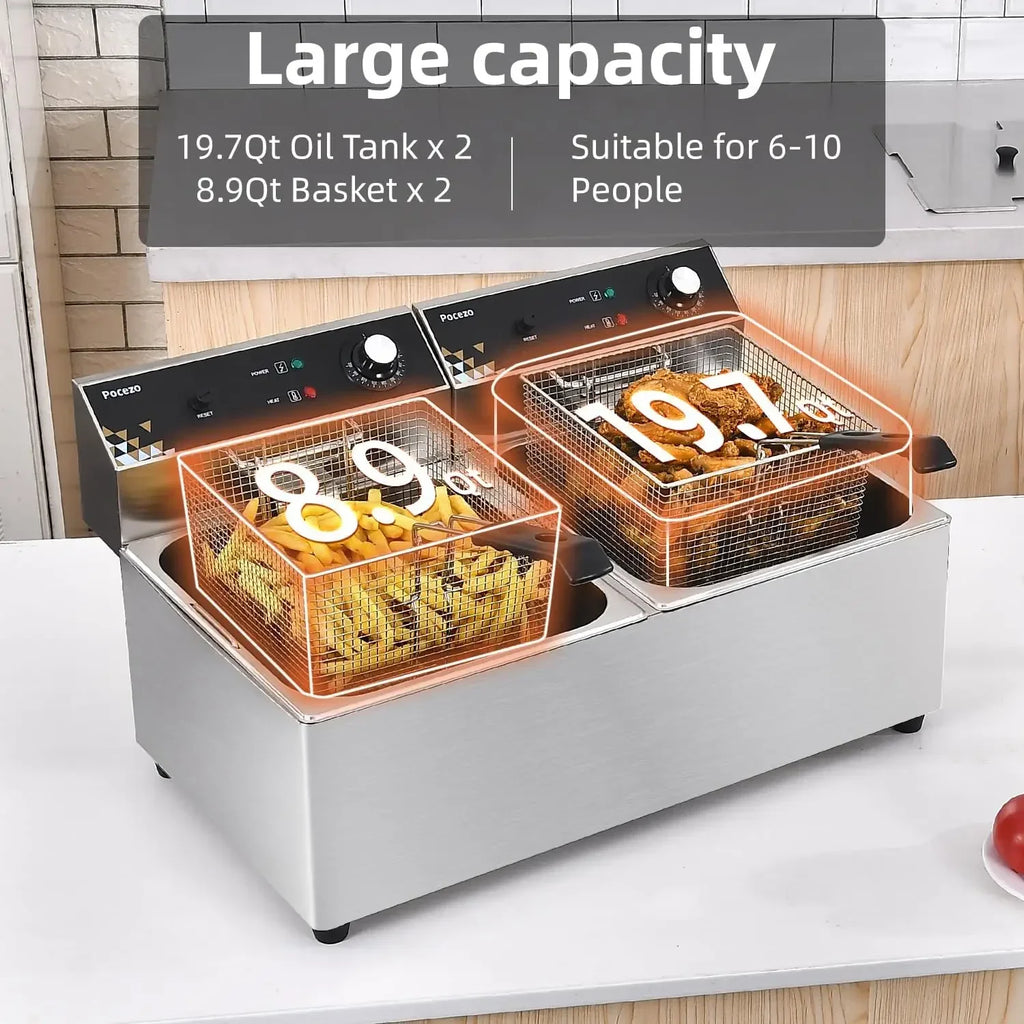 Commercial Deep Fryer with Basket, 3400w 19.7Qt Oil Tank/ 8.9Qt Basket x 2, 0.6mm Thickened Stainless Steel Countertop Electric