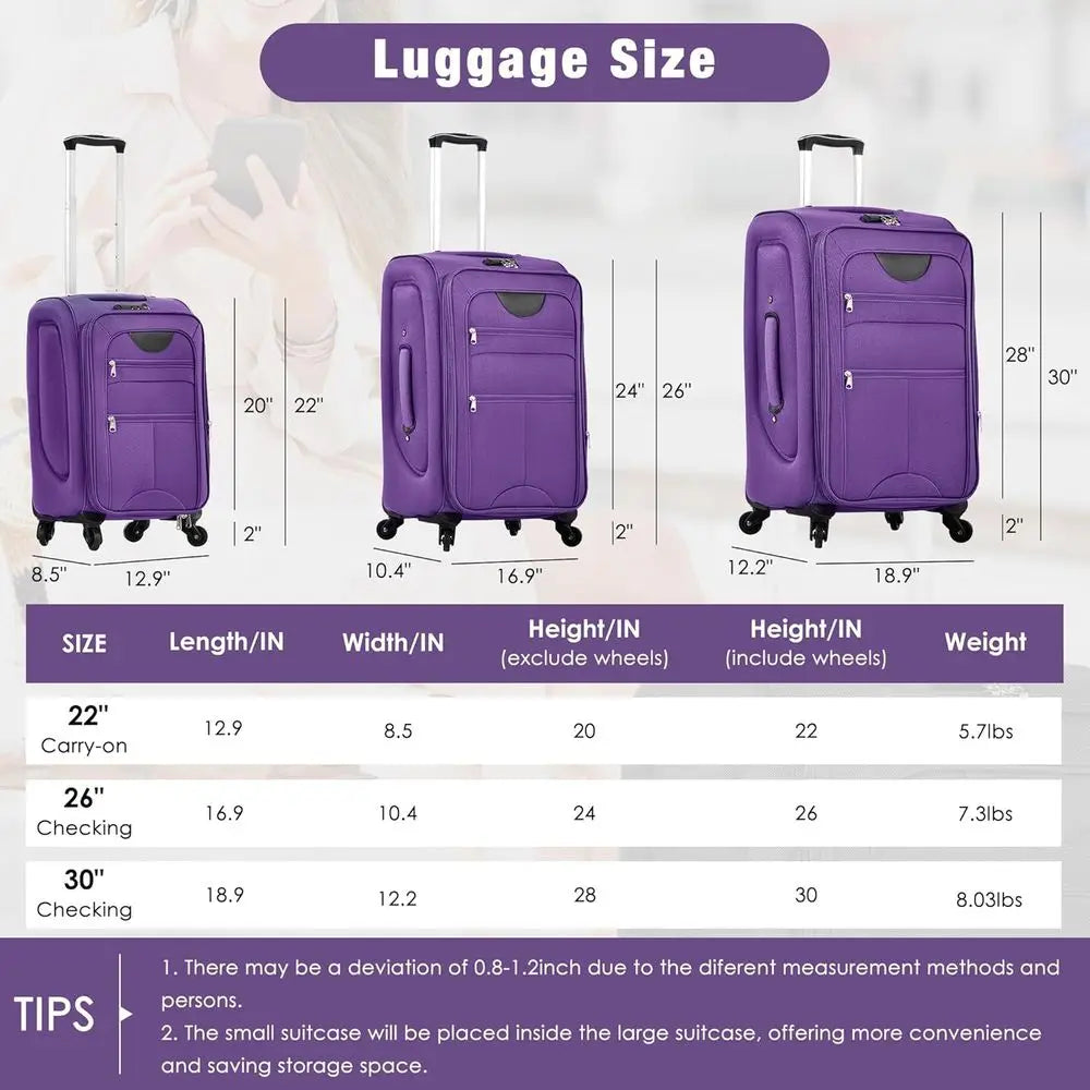 3 Piece Spinner Suitcase Set - Lightweight Expandable Travel Luggage 22 26 30