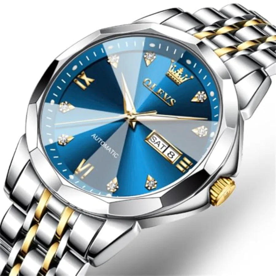 OLEVS Men Automatic Business Luxury Diamond Self Winding Watch for Men Stainless Steel Calendar Wrist Watch