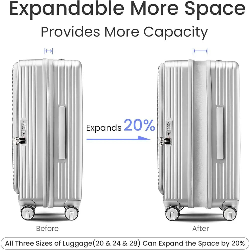 3-Piece Expandable Suitcase Set with TSA Lock, Double Wheels, Hardshell Luggage, PC Material, 20/24/28, Silver