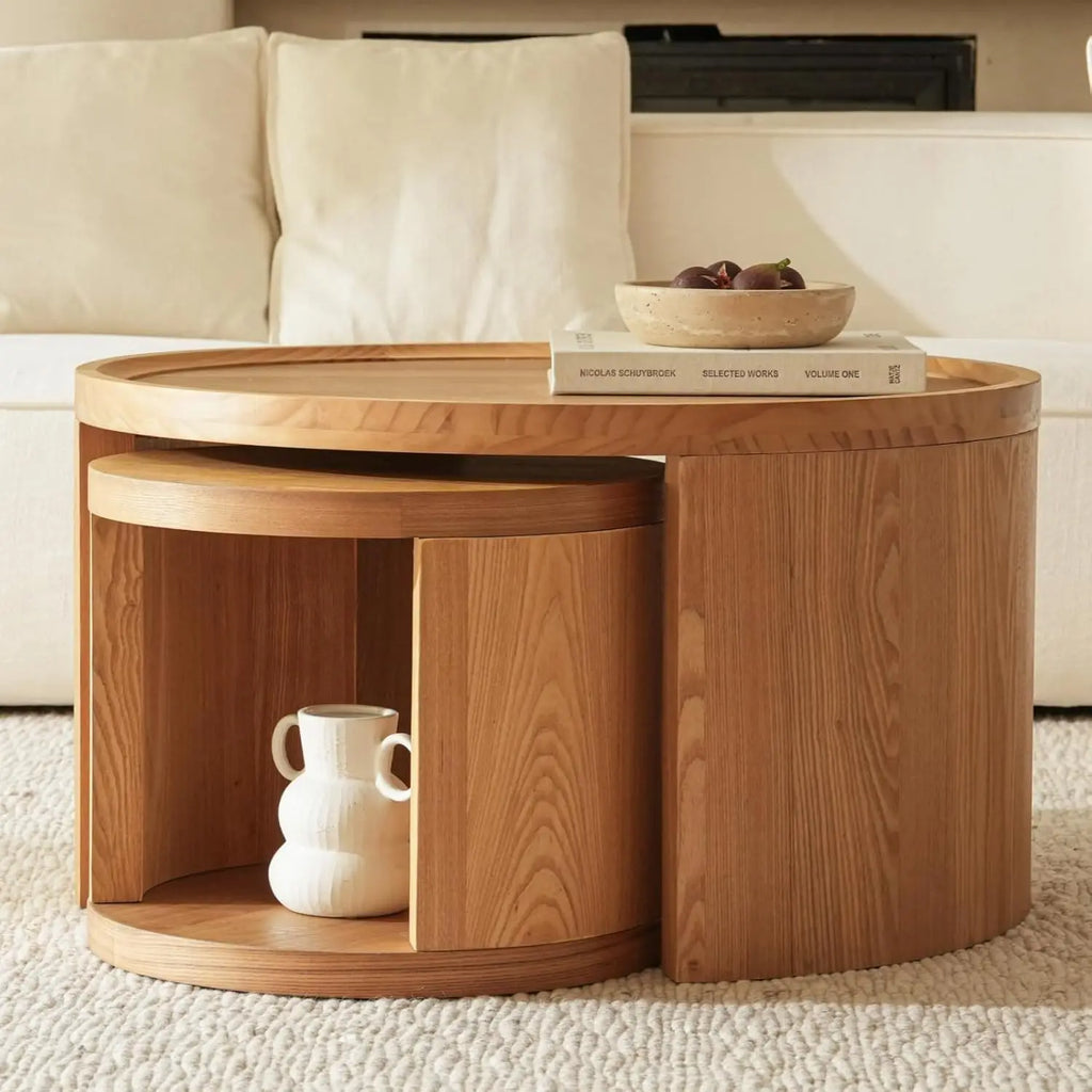 Round Nesting Coffee Table Set of 2, Brown Coffee Table, 31.5" Large & 18" Small Low Tables with Wood Top, Center, Customized