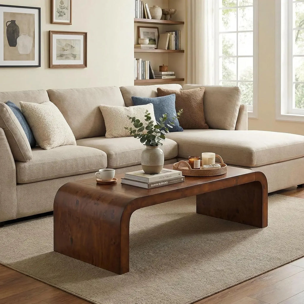 Burl Veneer Walnut Wood Coffee Table Mdf Center Table For Living Room With Curved Edges