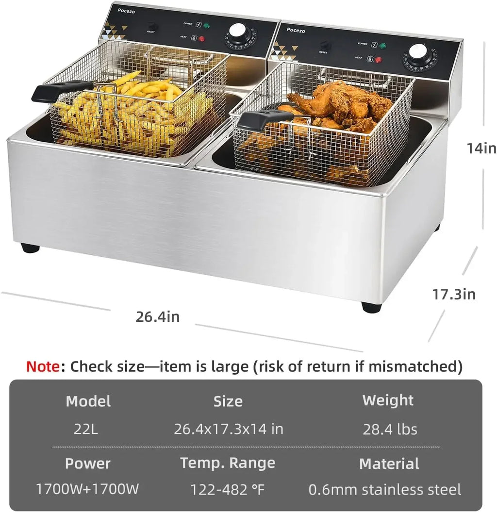 Commercial Deep Fryer with Basket, 3400w 19.7Qt Oil Tank/ 8.9Qt Basket x 2, 0.6mm Thickened Stainless Steel Countertop Electric