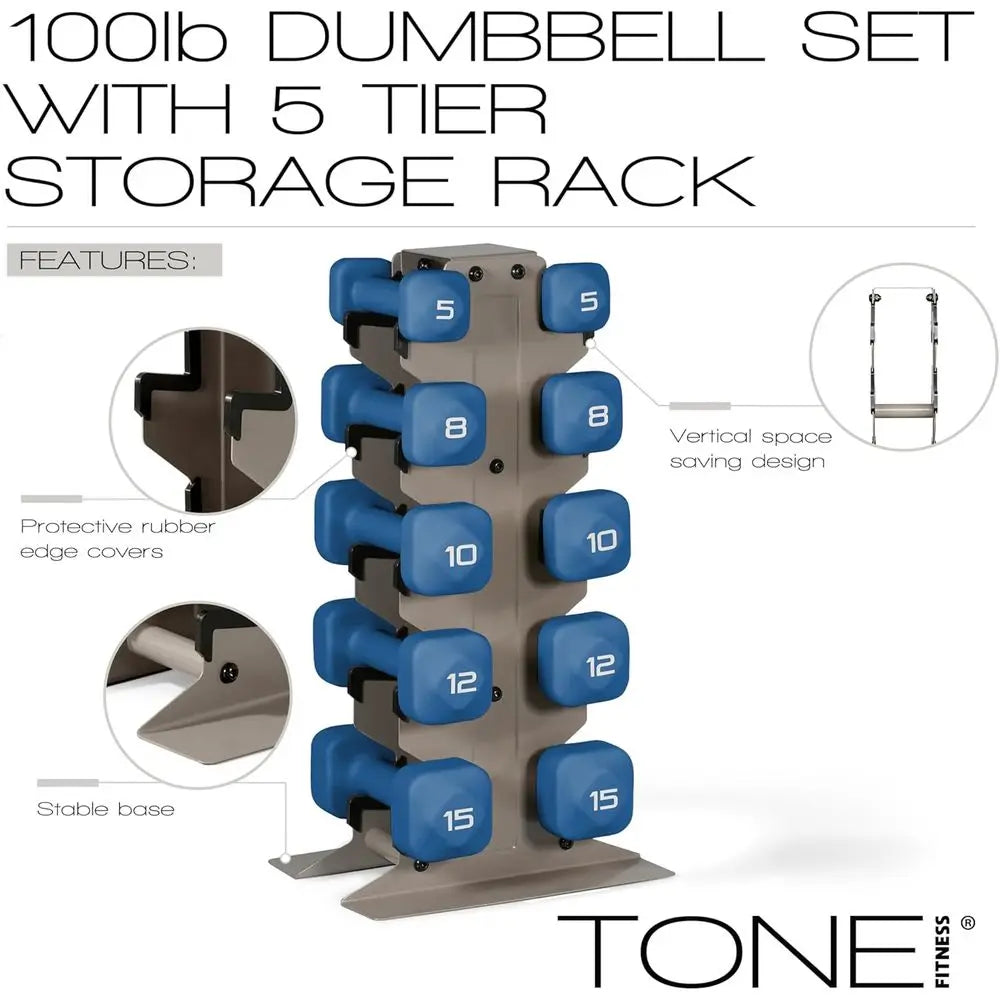 Adjustable Non-Slip Dumbbells with Storage - 20 to 100 lb Weights for Home Gym