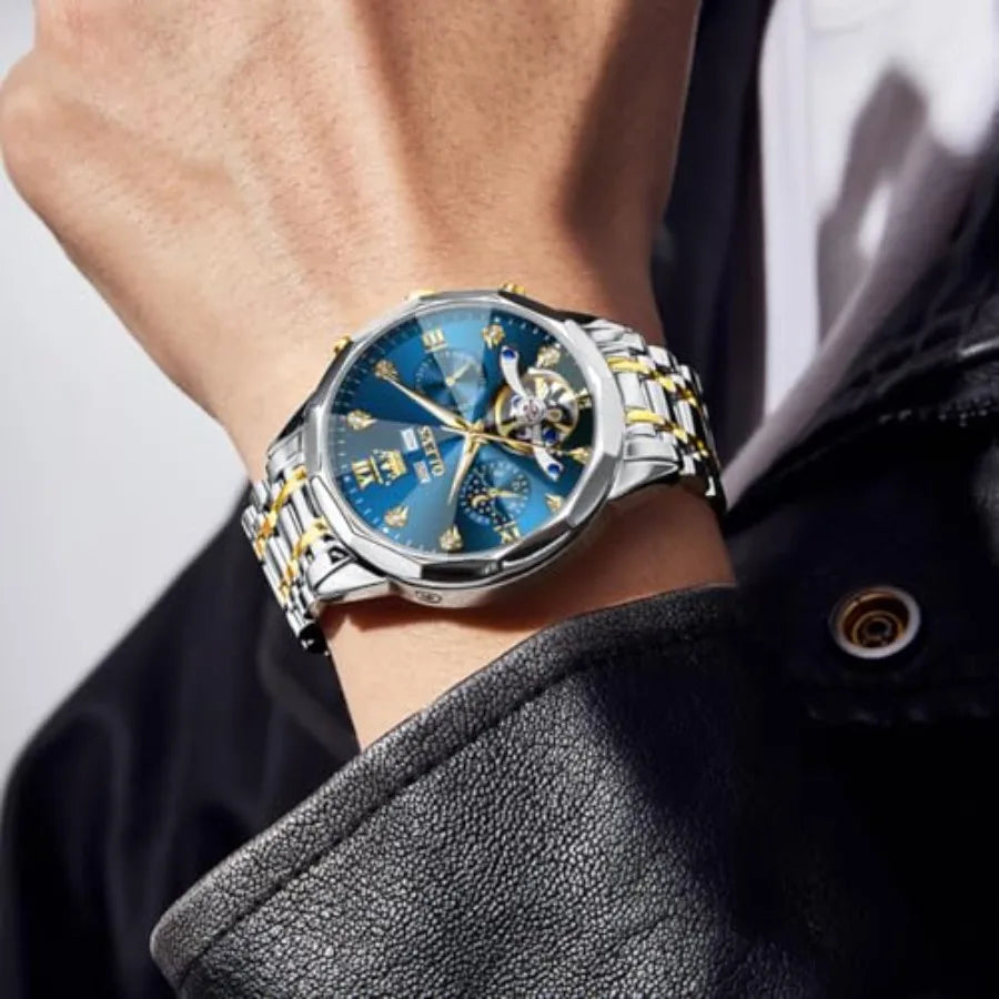 OLEVS Men Automatic Business Luxury Diamond Self Winding Watch for Men Stainless Steel Calendar Wrist Watch