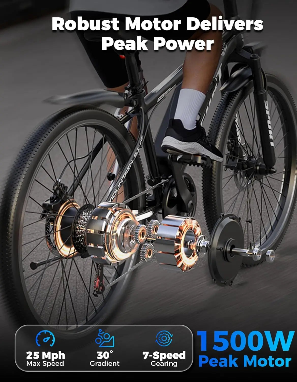 Electric Bike for Adults, 1500W Peak Mountain Ebike with 25 MPH, 65 Miles Range, 1-7 Speeds, 48V 10Ah Removable Battery 26" Ebik