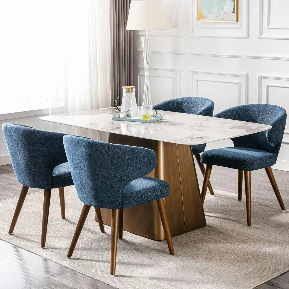 Upholstered Wingback Dining Chairs Set of 2, Navy Blue Linen Accent Chairs with Solid Wood Legs