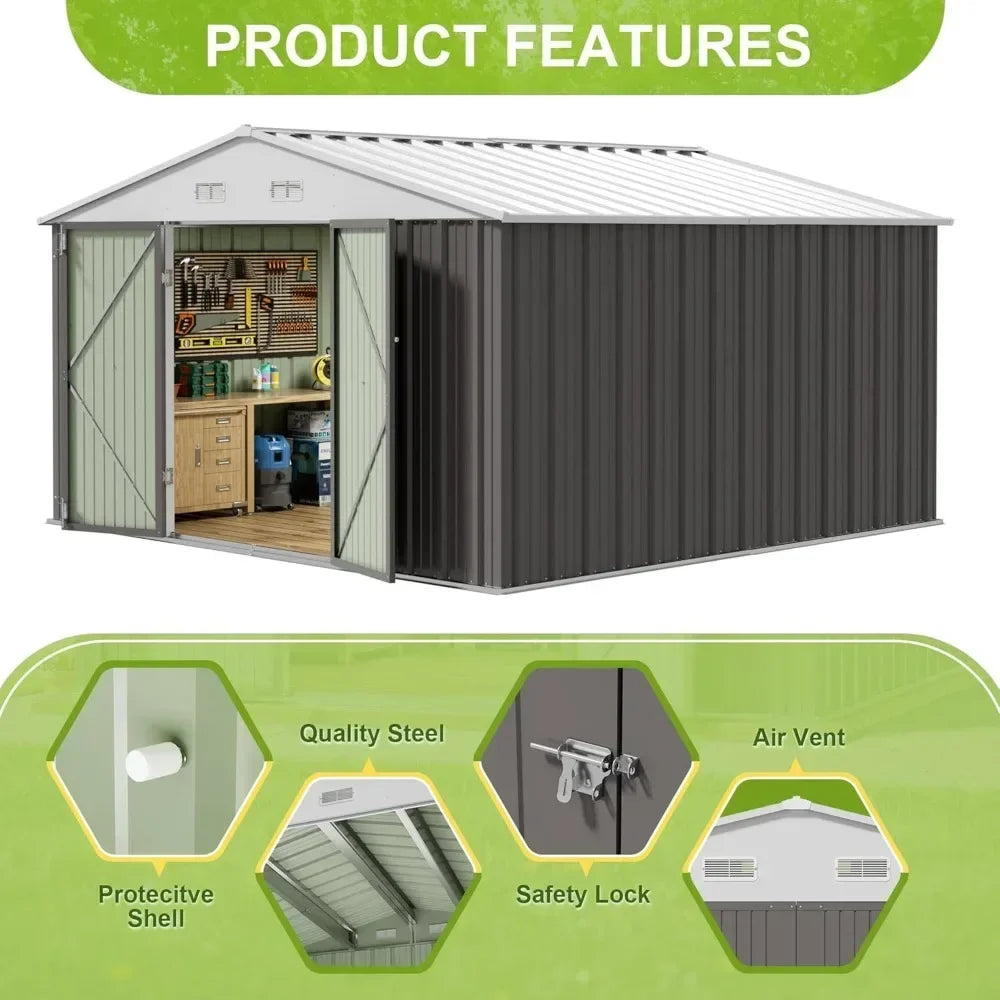 10 x 10 FT Outdoor Storage Shed, Large Metal Garden Shed & Tool Sheds for Backyard Garden Patio Lawn (Grey)