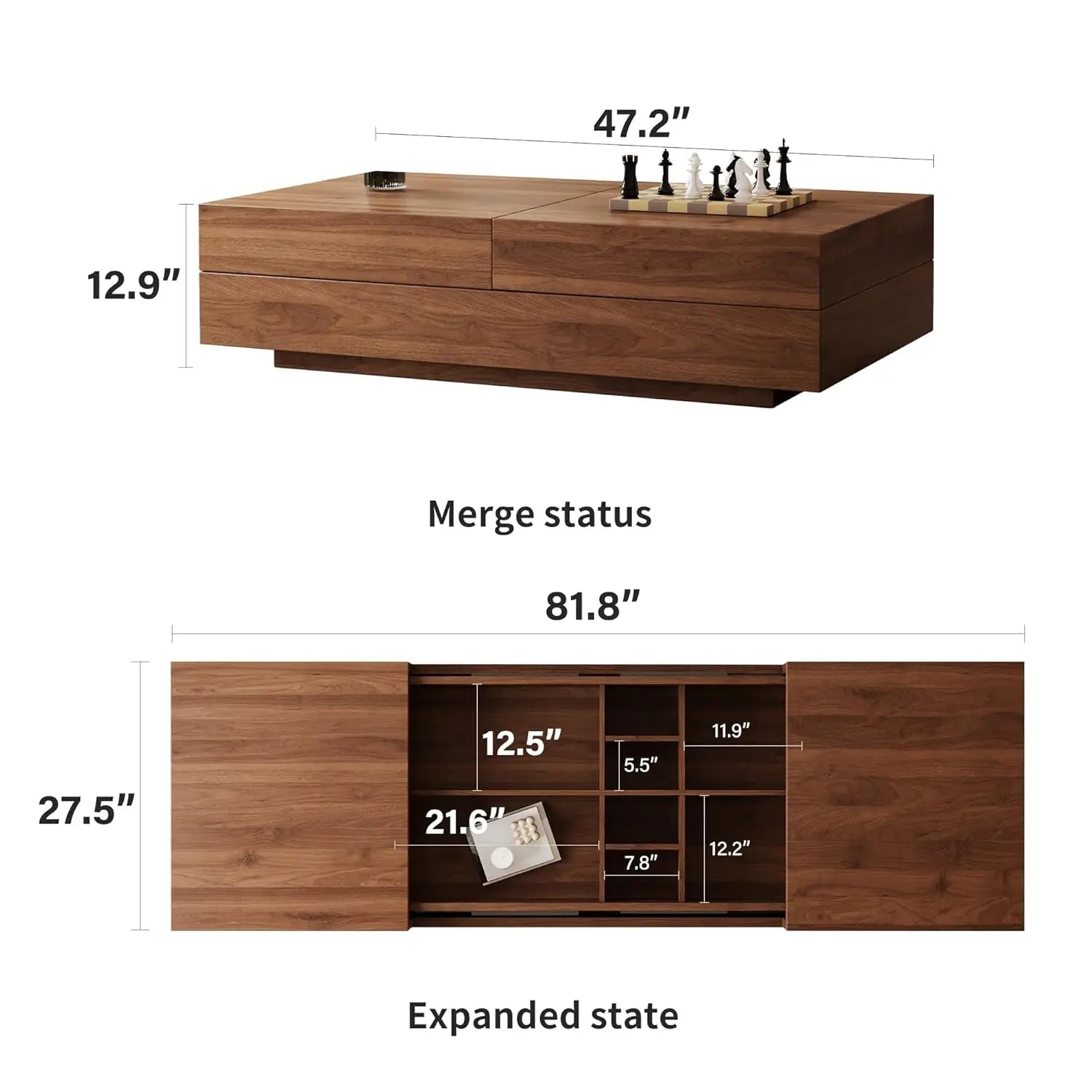 Expandable Coffee Table with Storage Adjustable 47.2"-81.9" Mid-Century Center Table Living Room Walnut Wood Customized