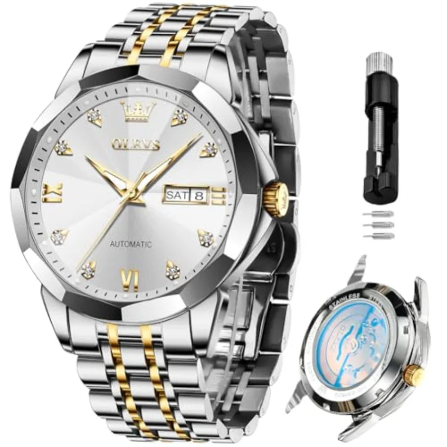 OLEVS Men Automatic Business Luxury Diamond Self Winding Watch for Men Stainless Steel Calendar Wrist Watch