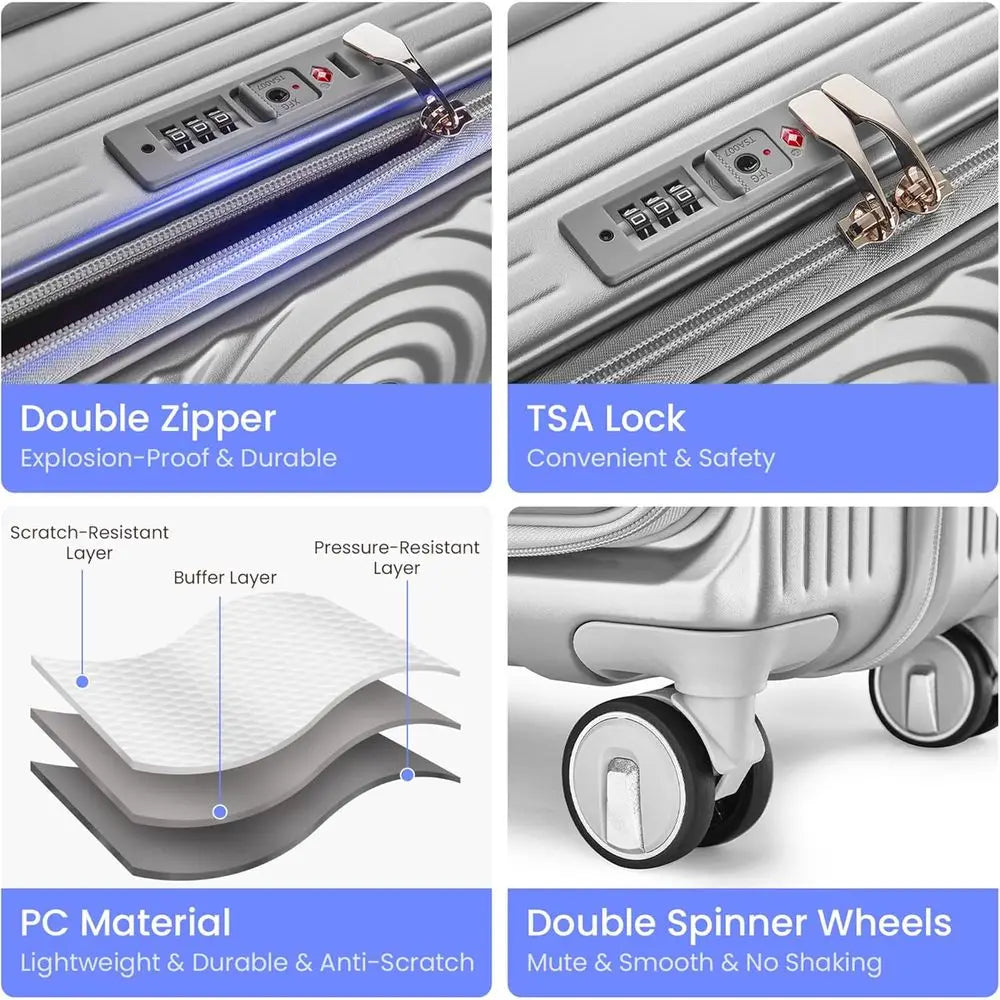 3-Piece Expandable Suitcase Set with TSA Lock, Double Wheels, Hardshell Luggage, PC Material, 20/24/28, Silver