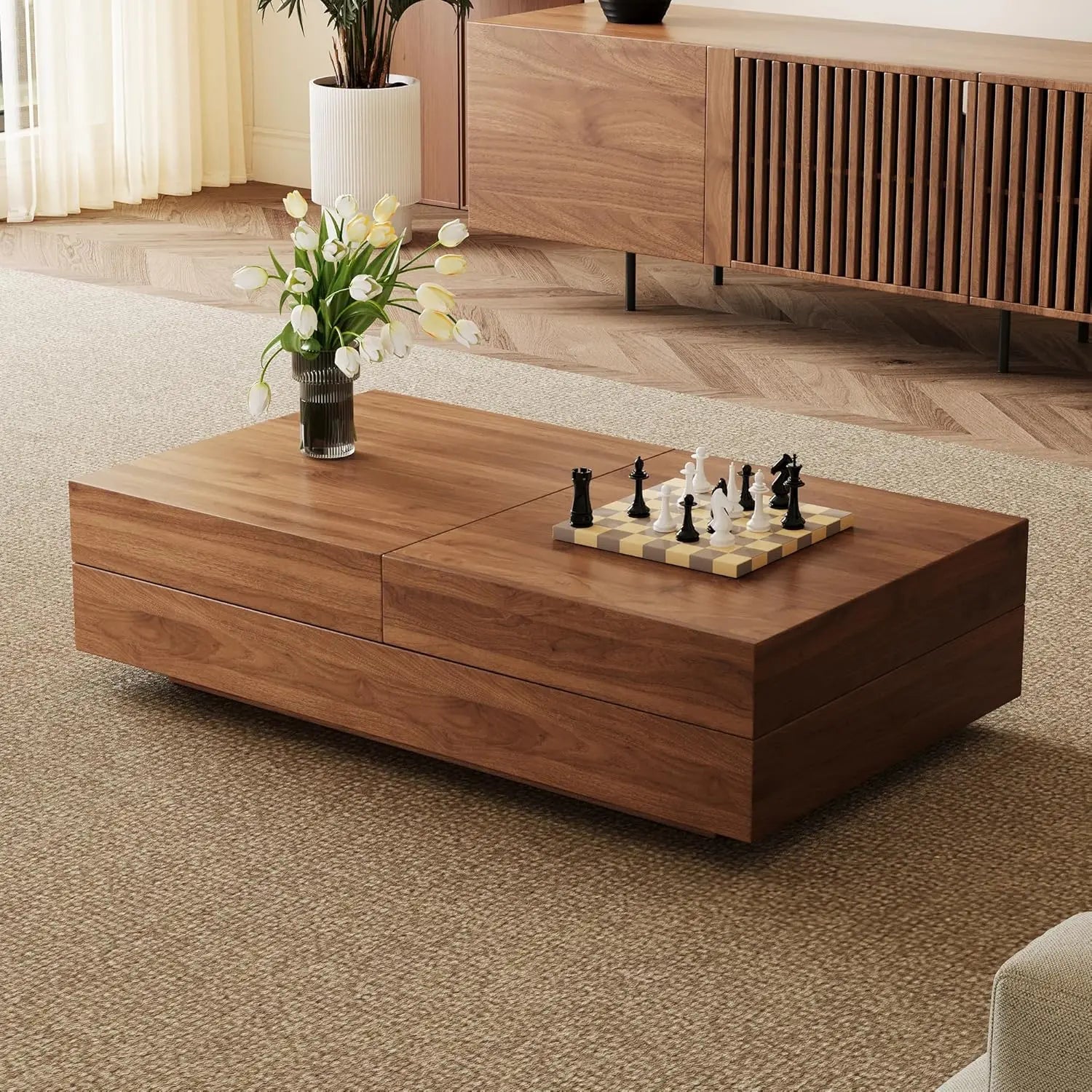 Expandable Coffee Table with Storage Adjustable 47.2"-81.9" Mid-Century Center Table Living Room Walnut Wood Customized