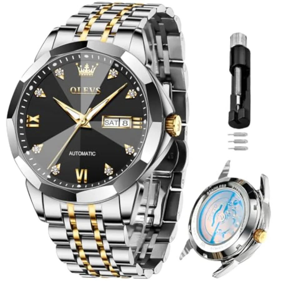 OLEVS Men Automatic Business Luxury Diamond Self Winding Watch for Men Stainless Steel Calendar Wrist Watch