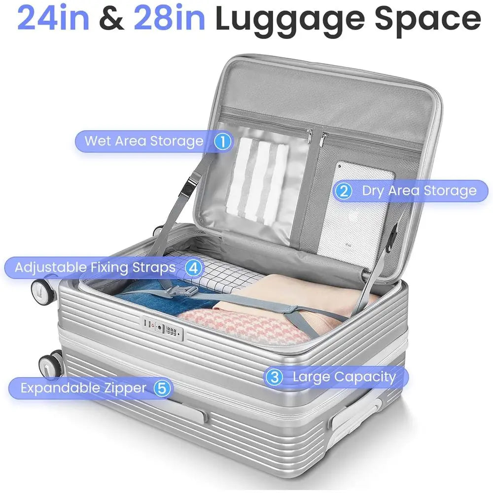 3-Piece Expandable Suitcase Set with TSA Lock, Double Wheels, Hardshell Luggage, PC Material, 20/24/28, Silver