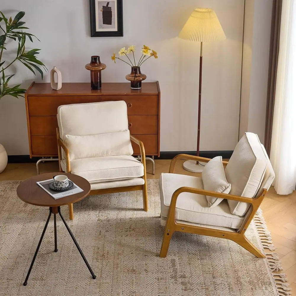 2-Piece Century Style Accent Chair Set with Cushion and Lumbar Pillow, Ideal for Living Room, Reading Nook, or Bedroom in Cream