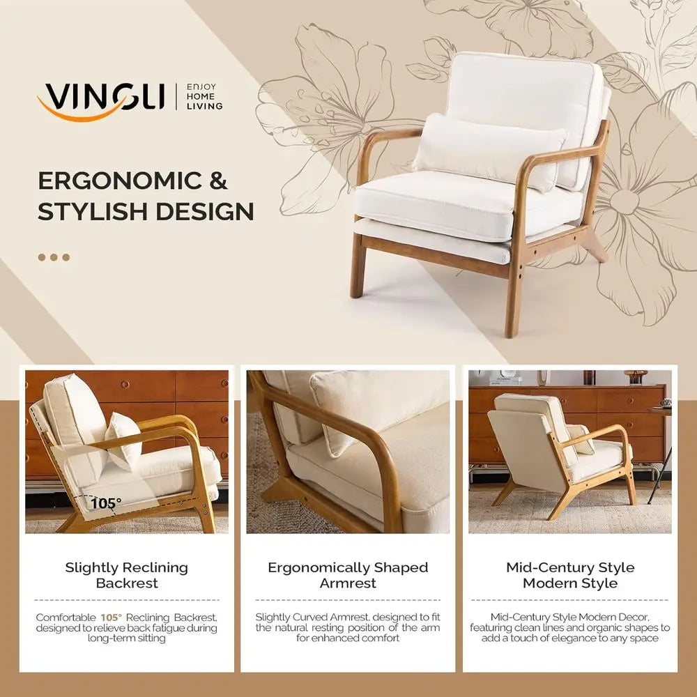 2-Piece Century Style Accent Chair Set with Cushion and Lumbar Pillow, Ideal for Living Room, Reading Nook, or Bedroom in Cream