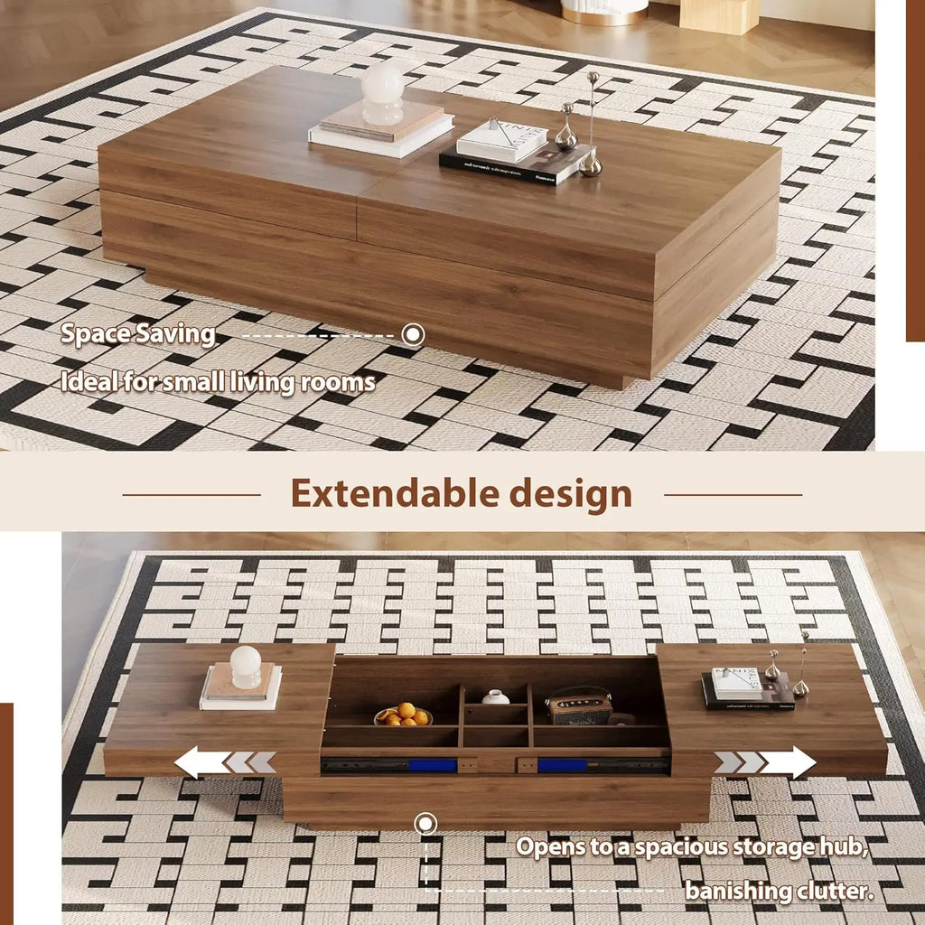 Mid-Century Expandable Lift-Top Coffee Table Hidden Storage Walnut Wood Living Room 47-82", Customized