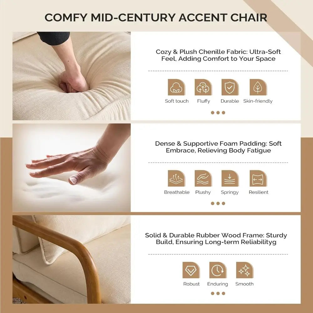 2-Piece Century Style Accent Chair Set with Cushion and Lumbar Pillow, Ideal for Living Room, Reading Nook, or Bedroom in Cream