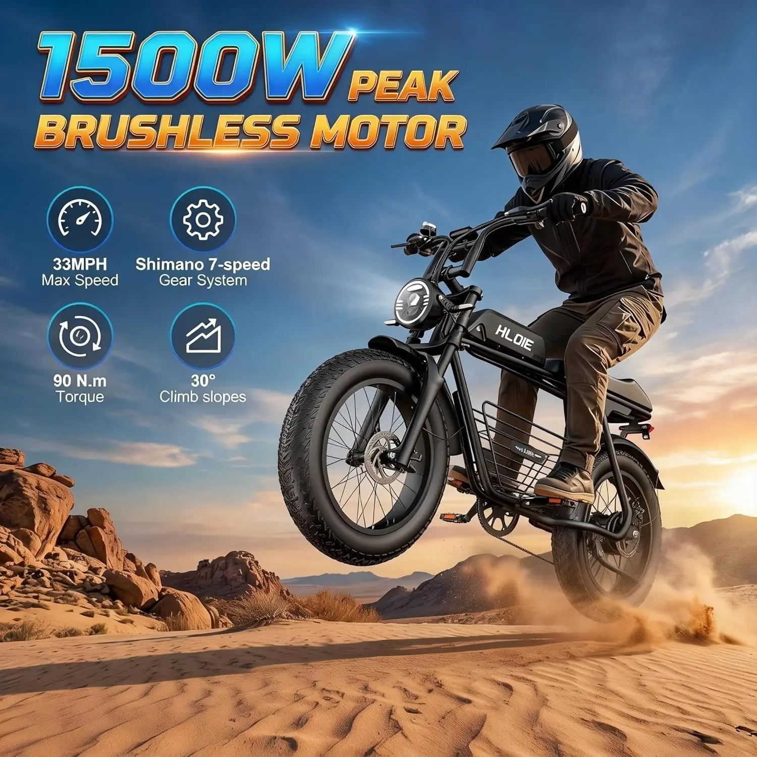 Electric Mountain Bike for Adults 1500W Peak 20"×4.0" Inch Fat Tire All-Terrain E-Bike 70 Miles 33 MPH Electric, Customized
