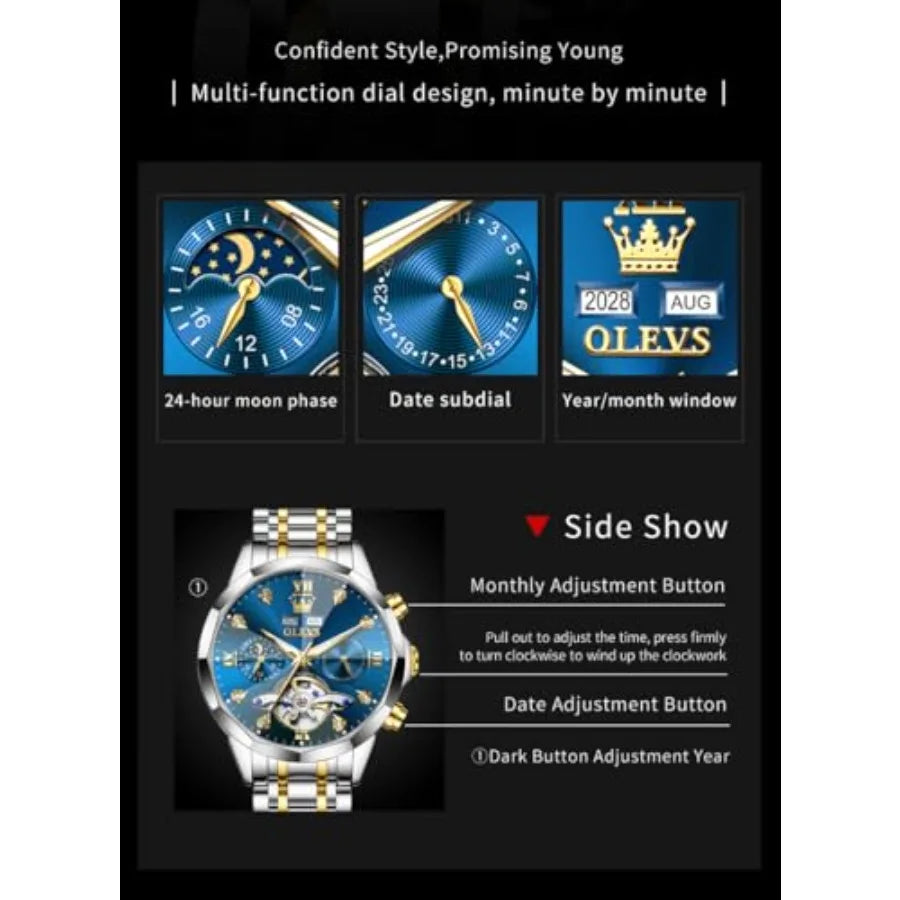 OLEVS Men Automatic Business Luxury Diamond Self Winding Watch for Men Stainless Steel Calendar Wrist Watch